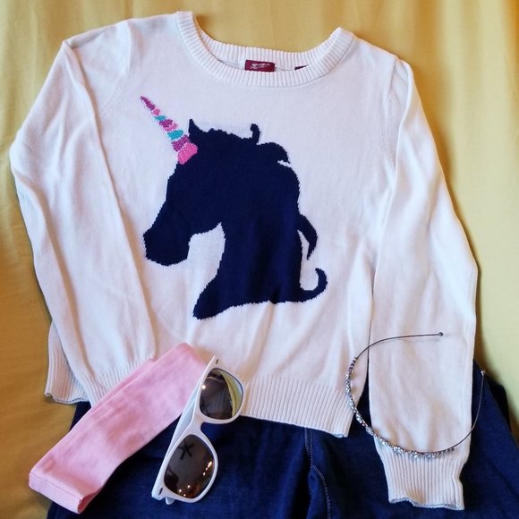 Girls Unicorn White Sweater Sz Large 10/12 - Picture 1 of 3